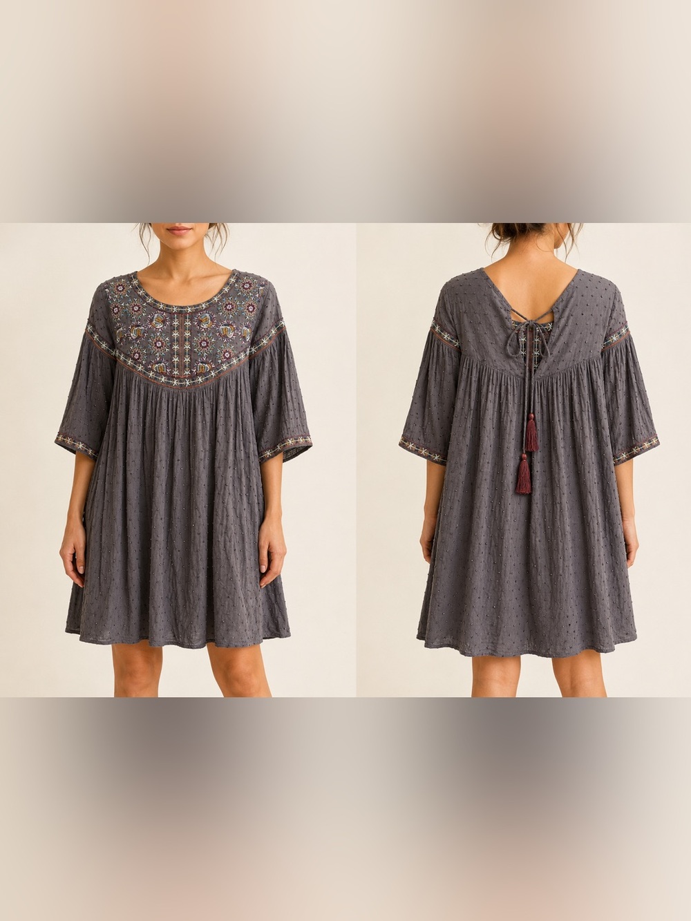 Entro Embroidered Boho Swiss Dot Babydoll Tunic Dress